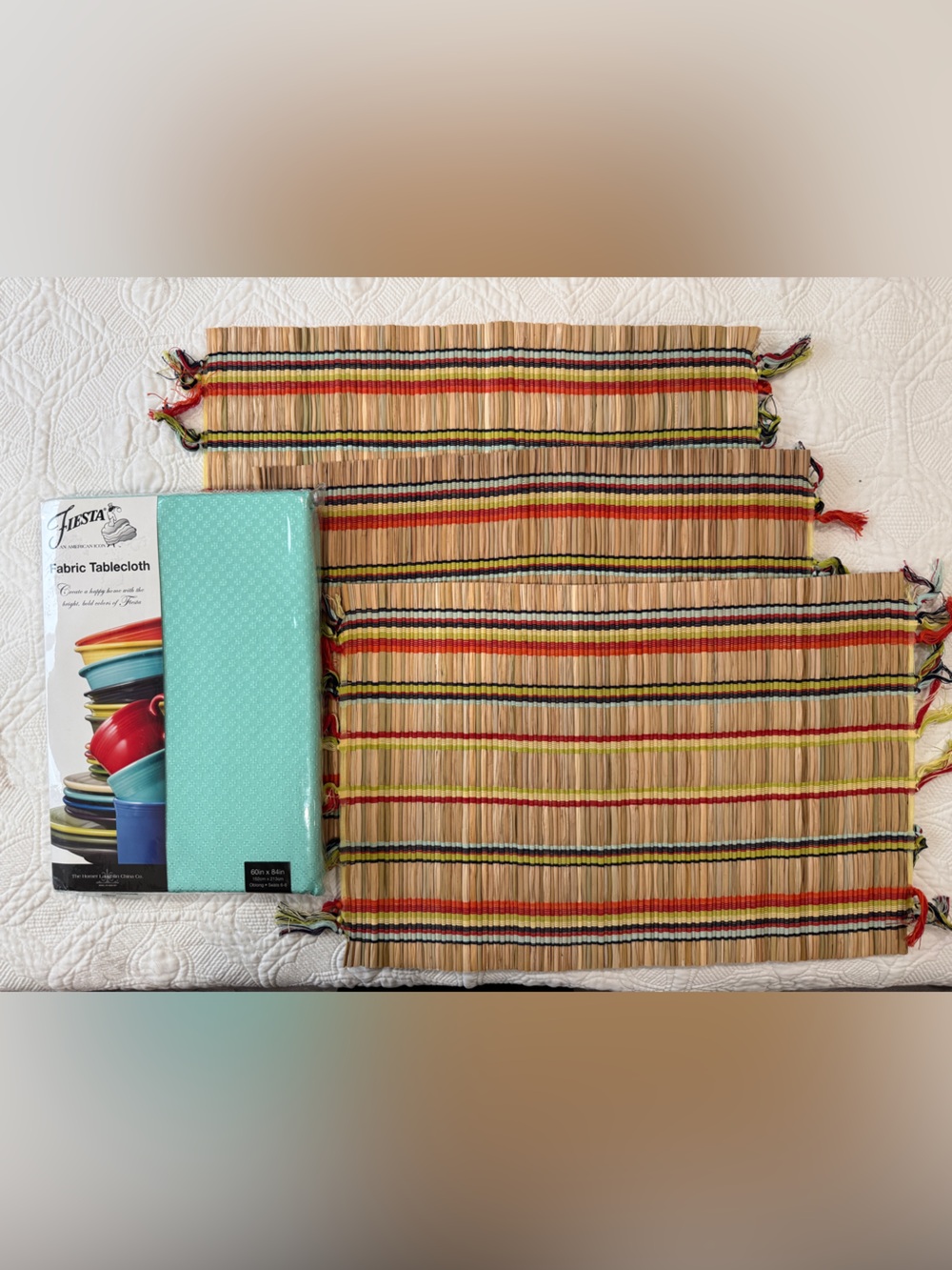 Fiesta Turquoise Fabric Tablecloth with 3 pcs Striped Woven Placemats